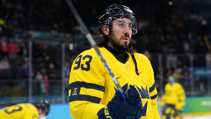 Feb 18, 2026; Milan, Italy; Mika Zibanejad of Sweden during the warm up before the match against the United States in a men's ice hockey quarterfinal during the Milano Cortina 2026 Olympic Winter Games at Milano Santagiulia Ice Hockey Arena. Mandatory Credit: Amber Searls-Imagn Images Feb 18, 2026; Milan, Italy; Mika Zibanejad of Sweden during the warm up before the match against the United States in a men's ice hockey quarterfinal during the Milano Cortina 2026 Olympic Winter Games at Milano Santagiulia Ice Hockey Arena. Mandatory Credit: Amber Searls-Imagn Images