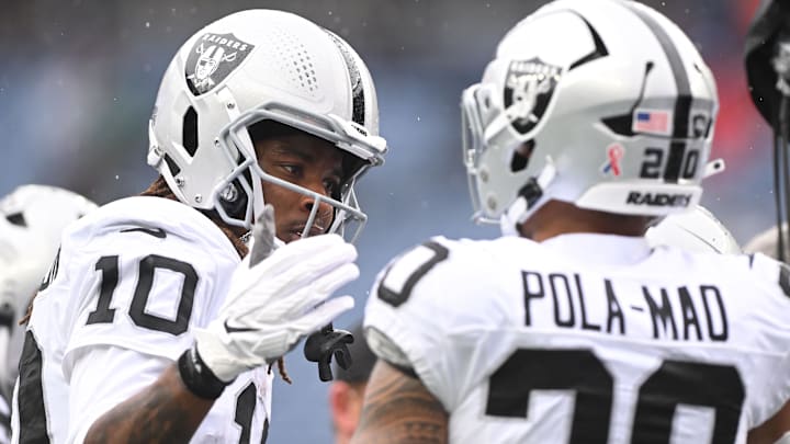 Sep 7, 2025; Foxborough, Massachusetts, USA; Las Vegas Raiders wide receiver Dont'e Thornton Jr. (10) before the game against the New England Patriots at Gillette Stadium. Mandatory Credit: Brian Fluharty-Imagn Images Sep 7, 2025; Foxborough, Massachusetts, USA; Las Vegas Raiders wide receiver Dont'e Thornton Jr. (10) before the game against the New England Patriots at Gillette Stadium. Mandatory Credit: Brian Fluharty-Imagn Images