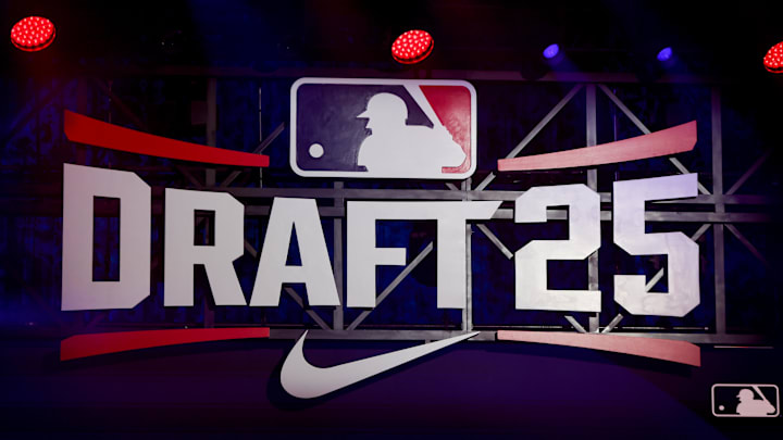 A general view of 2025 MLB Draft signage on the stage at The Coca-Cola Roxy. 