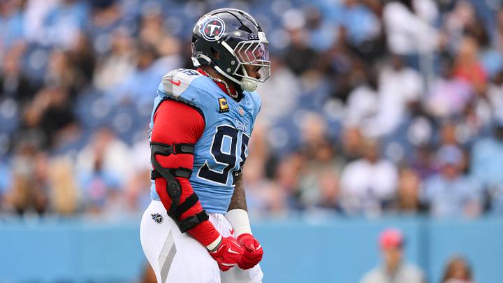 Tennessee Titans defensive tackle Jeffery Simmons (98) celebrates a New Orleans Saints fumble during the first quarter of the game at Nissan Stadium. Mandatory Credit: Steve Roberts-Imagn Images