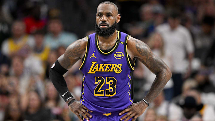 Apr 9, 2025; Dallas, Texas, USA; Los Angeles Lakers forward LeBron James (23) during the game between the Dallas Mavericks and the Los Angeles Lakers at American Airlines Center. Mandatory Credit: Jerome Miron-Imagn Images Apr 9, 2025; Dallas, Texas, USA; Los Angeles Lakers forward LeBron James (23) during the game between the Dallas Mavericks and the Los Angeles Lakers at American Airlines Center. Mandatory Credit: Jerome Miron-Imagn Images