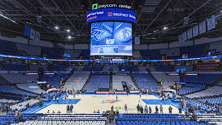 May 7, 2024; Oklahoma City, Oklahoma, USA; View of the arena before the start of game one of the second round for the 2024 NBA playoffs between the Dallas Mavericks and Oklahoma City Thunder at Paycom Center. Mandatory Credit: Alonzo Adams-Imagn Images May 7, 2024; Oklahoma City, Oklahoma, USA; View of the arena before the start of game one of the second round for the 2024 NBA playoffs between the Dallas Mavericks and Oklahoma City Thunder at Paycom Center. Mandatory Credit: Alonzo Adams-Imagn Images