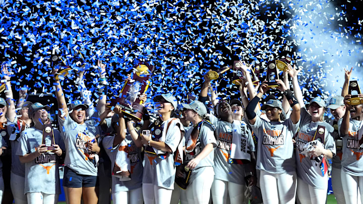 Texas celebrates the Women's College World Series championship over Texas Tech at Devon Park, Friday, June, 6, 2025, in Oklahoma City. Texas celebrates the Women's College World Series championship over Texas Tech at Devon Park, Friday, June, 6, 2025, in Oklahoma City.