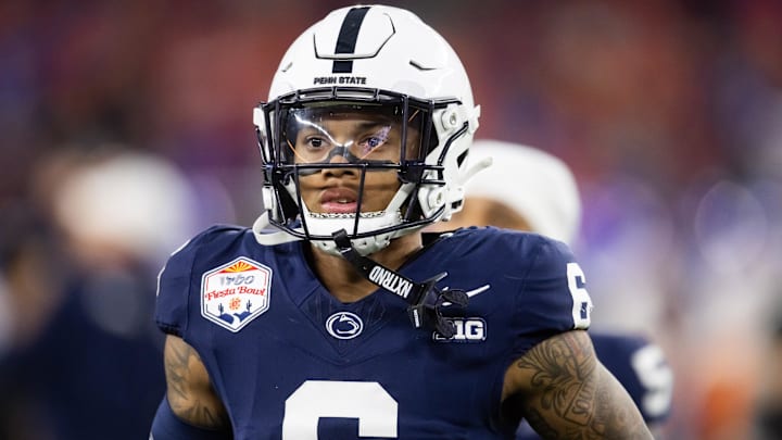 Dec 31, 2024; Glendale, AZ, USA; Penn State Nittany Lions wide receiver Harrison Wallace III (6) against the Boise State Broncos during the Fiesta Bowl at State Farm Stadium. Mandatory Credit: Mark J. Rebilas-Imagn Images