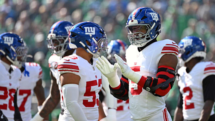 New York Giants linebacker Kayvon Thibodeaux (5) against the Philadelphia Eagles at Lincoln Financial Field. New York Giants linebacker Kayvon Thibodeaux (5) against the Philadelphia Eagles at Lincoln Financial Field.
