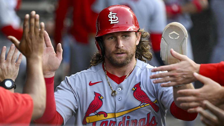 Jun 17, 2025; Chicago, Illinois, USA; St. Louis Cardinals second baseman Brendan Donovan (33) celebrates in the dugout after he scores during the second inning against the Chicago White Sox at Rate Field. Mandatory Credit: Matt Marton-Imagn Images Jun 17, 2025; Chicago, Illinois, USA; St. Louis Cardinals second baseman Brendan Donovan (33) celebrates in the dugout after he scores during the second inning against the Chicago White Sox at Rate Field. Mandatory Credit: Matt Marton-Imagn Images