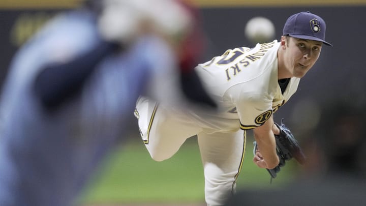 Apr 14, 2026; St. Louis, Missouri, USA;    Milwaukee Brewers pitcher Jacob Misiorowski (32) throws  during the first inning of their game against the Toronto Blue Jays at Busch Stadium. Mandatory Credit: Mark Hoffman/Milwaukee Journal Sentinel-Imagn Images