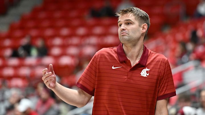 Oct 25, 2025; Pullman, WA, USA; Washington State Cougars head coach David Riley reacts after a play against the New Mexico Lobos in the second half at Friel Court at Beasley Coliseum. Washington State Cougars won 74-66. Mandatory Credit: James Snook-Imagn Images