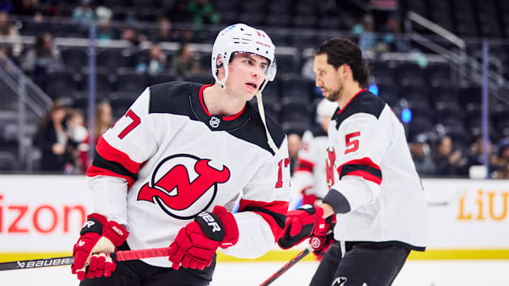 Jan 25, 2026; Seattle, Washington, USA; New Jersey Devils defenseman Simon Nemec (17) looks on before the game against the Seattle Kraken at Climate Pledge Arena. Mandatory Credit: Blake Dahlin-Imagn Images Jan 25, 2026; Seattle, Washington, USA; New Jersey Devils defenseman Simon Nemec (17) looks on before the game against the Seattle Kraken at Climate Pledge Arena. Mandatory Credit: Blake Dahlin-Imagn Images