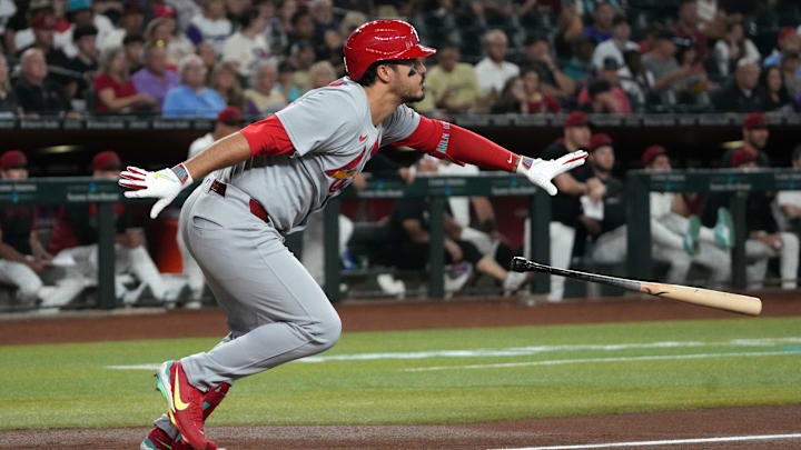 Jul 19, 2025; Phoenix, Arizona, USA; St. Louis Cardinals third base Nolan Arenado (28) hits against the Arizona Diamondbacks in the first inning at Chase Field. Mandatory Credit: Rick Scuteri-Imagn Images Jul 19, 2025; Phoenix, Arizona, USA; St. Louis Cardinals third base Nolan Arenado (28) hits against the Arizona Diamondbacks in the first inning at Chase Field. Mandatory Credit: Rick Scuteri-Imagn Images