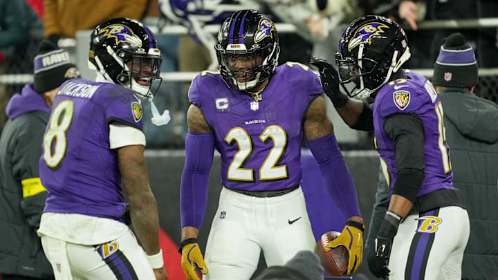 Jan 11, 2025; Baltimore, Maryland, USA; Baltimore Ravens running back Derrick Henry (22) celebrates with wide receiver Nelson Agholor (15) and quarterback Lamar Jackson (8) after scoring a touchdown against the Pittsburgh Steelers in the third quarter in an AFC wild card game at M&T Bank Stadium. Mandatory Credit: Mitch Stringer-Imagn Images Jan 11, 2025; Baltimore, Maryland, USA; Baltimore Ravens running back Derrick Henry (22) celebrates with wide receiver Nelson Agholor (15) and quarterback Lamar Jackson (8) after scoring a touchdown against the Pittsburgh Steelers in the third quarter in an AFC wild card game at M&T Bank Stadium. Mandatory Credit: Mitch Stringer-Imagn Images
