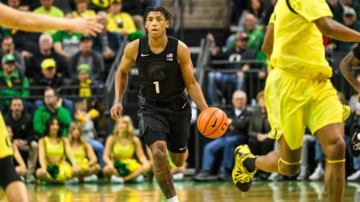 Jan 20, 2026; Eugene, Oregon, USA; Michigan State Spartans guard Jeremy Fears Jr. (1) brings the ball up court during the second half against the Oregon Ducks at Matthew Knight Arena. Mandatory Credit: Craig Strobeck-Imagn Images