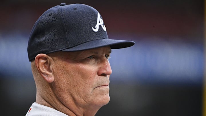 Apr 4, 2023; St. Louis, Missouri, USA;  Atlanta Braves manager Brian Snitker (43) looks on before a game against the St. Louis Cardinals at Busch Stadium. Mandatory Credit: Jeff Curry-Imagn Images