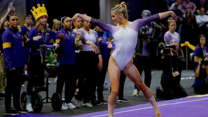 LSU Lady Tigers Livvy Dunne performs a floor routine against the Arkansas Razorbacks at Pete Maravich Assembly Center.