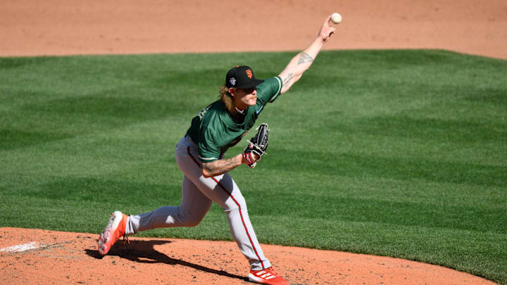 Jul 8, 2023; Seattle, Washington, USA; National League Futures relief pitcher Carson Whisenhunt (18) of the San Francisco Giants pitches to the American League during the third inning of the All Star-Futures game at T-Mobile Park. Jul 8, 2023; Seattle, Washington, USA; National League Futures relief pitcher Carson Whisenhunt (18) of the San Francisco Giants pitches to the American League during the third inning of the All Star-Futures game at T-Mobile Park.