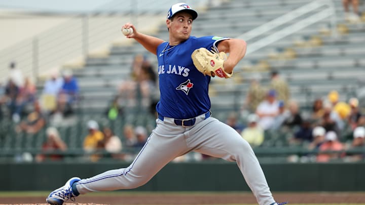 Mar 5, 2025; Bradenton, Florida, USA;  Toronto Blue Jays pitcher Jake Bloss (39) throws a pitch during the fourth inning against the Pittsburgh Pirates at LECOM Park.