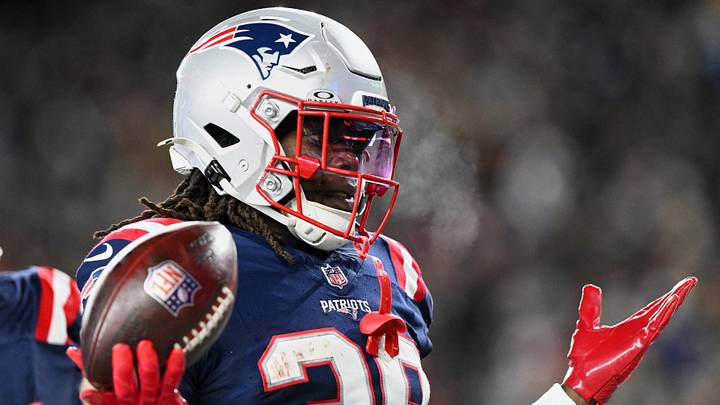 Jan 4, 2026; Foxborough, Massachusetts, USA; New England Patriots running back Rhamondre Stevenson (38) acknowledges the crowd after scoring a touchdown against the Miami Dolphins during the fourth quarter at Gillette Stadium. Mandatory Credit: Brian Fluharty-Imagn Images