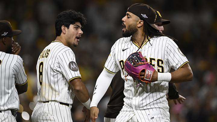 Sep 30, 2026; San Diego, California, USA; San Diego Padres catcher Ethan Salas (8) and outfielder Fernando Tatis Jr. (23) high five after defeating the Chicago Cubs during game two of the Wildcard round for the 2026 MLB Playoffs at Petco Park. Mandatory Credit: Denis Poroy-Imagn Images Sep 30, 2026; San Diego, California, USA; San Diego Padres catcher Ethan Salas (8) and outfielder Fernando Tatis Jr. (23) high five after defeating the Chicago Cubs during game two of the Wildcard round for the 2026 MLB Playoffs at Petco Park. Mandatory Credit: Denis Poroy-Imagn Images