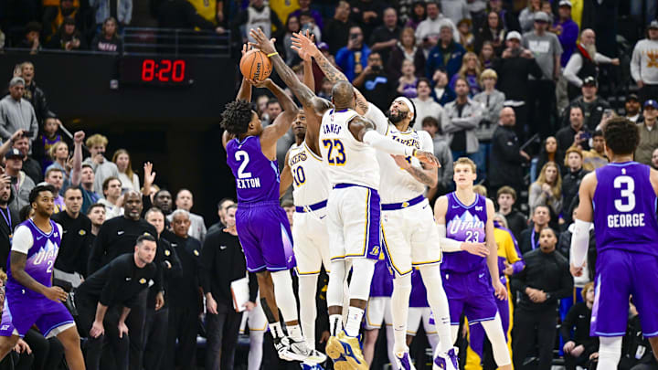 Dec 1, 2024; Salt Lake City, Utah, USA; Utah Jazz guard Collin Sexton (2) gets blocked by Los Angeles Lakers forward LeBron James (23), forward/center Anthony Davis (3), and center Christian Koloko (10) in the final second of the second half at the Delta Center. Mandatory Credit: Christopher Creveling-Imagn Images Dec 1, 2024; Salt Lake City, Utah, USA; Utah Jazz guard Collin Sexton (2) gets blocked by Los Angeles Lakers forward LeBron James (23), forward/center Anthony Davis (3), and center Christian Koloko (10) in the final second of the second half at the Delta Center. Mandatory Credit: Christopher Creveling-Imagn Images