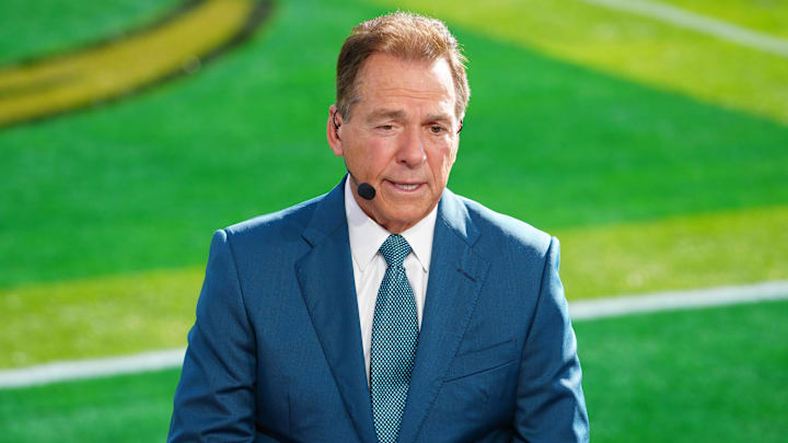 Jan 1, 2025; Pasadena, California, USA; Nick Saban on the ESPN Gameday set at Rose Bowl Stadium. Mandatory Credit: Kirby Lee-Imagn Images