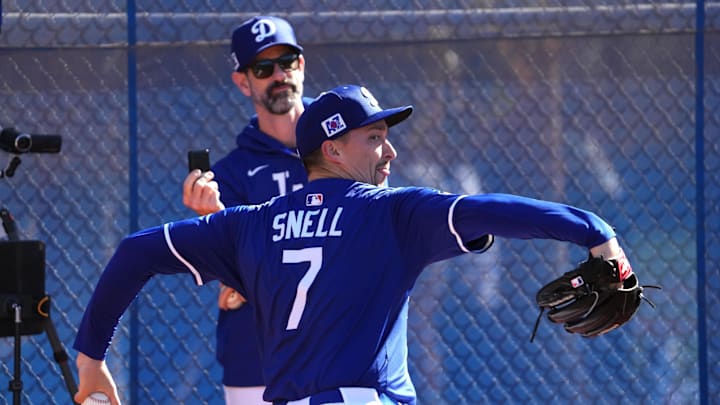 Feb 15, 2025; Glendale, AZ, USA; Los Angeles Dodgers pitcher Blake Snell (7) throws during a Spring Training workout at Camelback Ranch. Mandatory Credit: Joe Camporeale-Imagn Images