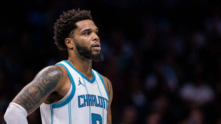 Mar 7, 2025; Charlotte, North Carolina, USA; Charlotte Hornets forward Miles Bridges (0) looks on during a break against the Cleveland Cavaliers during the third quarter at Spectrum Center. Mandatory Credit: Scott Kinser-Imagn Images