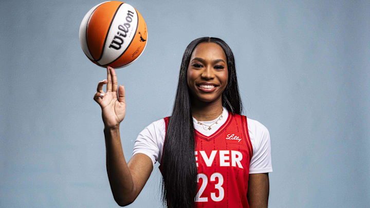 Apr 30, 2025; Indianapolis, IN, USA; Indiana Fever guard Bree Hall poses for a photo Wednesday, April 30, 2025, during the Indiana Fever media day at Gainbridge Fieldhouse in Indianapolis. Mandatory Credit: Grace Smith-USA TODAY Network via Imagn Images