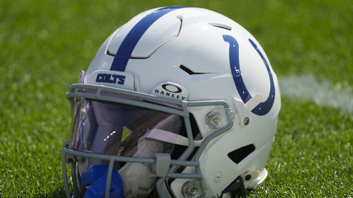 Sep 15, 2024; Green Bay, Wisconsin, USA;  General view of an Indianapolis Colts helmet during warmups prior to the game against the Green Bay Packers at Lambeau Field. 