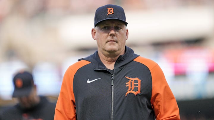 Jun 16, 2023; Minneapolis, Minnesota, USA; Detroit Tigers manager A.J. Hinch (14) visits the mound in the second inning against the Minnesota Twins at Target Field. Mandatory Credit: Matt Blewett-Imagn Images