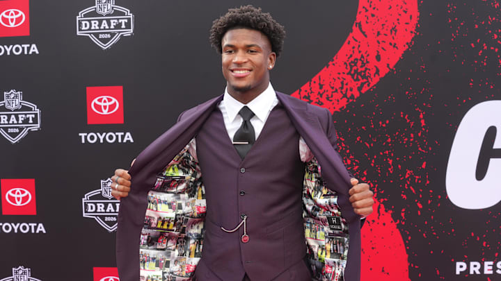 Ohio State Buckeyes defensive back Caleb Downs poses on the red carpet before the 2026 NFL Draft at Point State Park.
