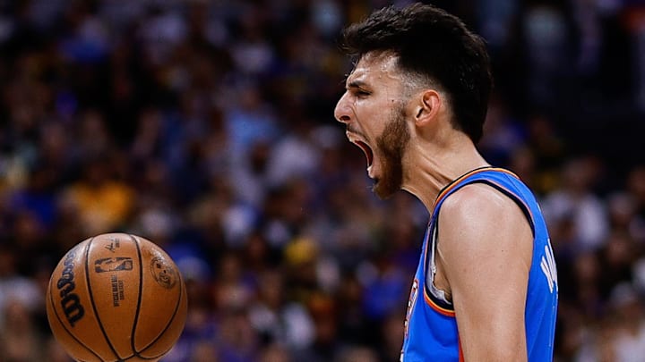 May 15, 2025; Denver, Colorado, USA; Oklahoma City Thunder forward Chet Holmgren (7) reacts after a play in the second quarter against the Denver Nuggets during game six of the second round for the 2025 NBA Playoffs at Ball Arena. Mandatory Credit: Isaiah J. Downing-Imagn Images