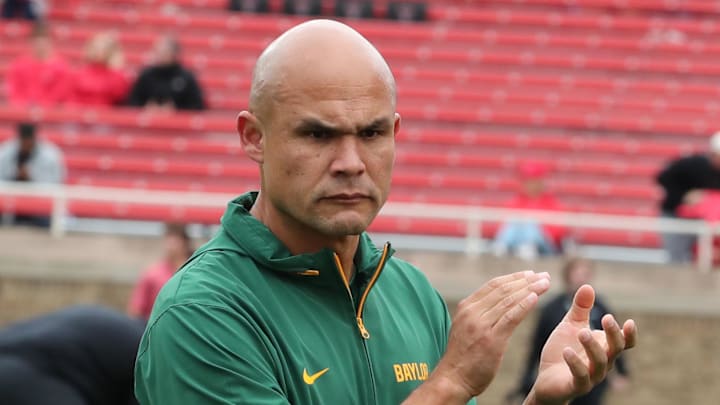 Oct 19, 2024; Lubbock, Texas, USA;  Baylor Bears head coach Dave Aranda before the game against the Texas Tech Red Raiders at Jones AT&T Stadium and Cody Campbell Field. Mandatory Credit: Michael C. Johnson-Imagn Images
