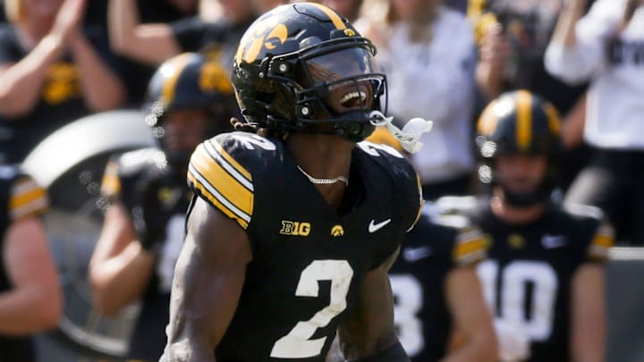Iowa’s Kaleb Johnson (2) celebrates after a big run against Washington Saturday, Oct. 12, 2024 at Kinnick Stadium in Iowa City, Iowa.
