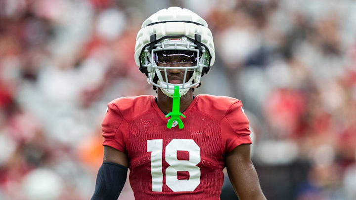 Arizona Cardinals wide receiver Marvin Harrison Jr. (18) at training camp on Aug. 3, 2024 at State Farm Stadium in Glendale. Arizona Cardinals wide receiver Marvin Harrison Jr. (18) at training camp on Aug. 3, 2024 at State Farm Stadium in Glendale.