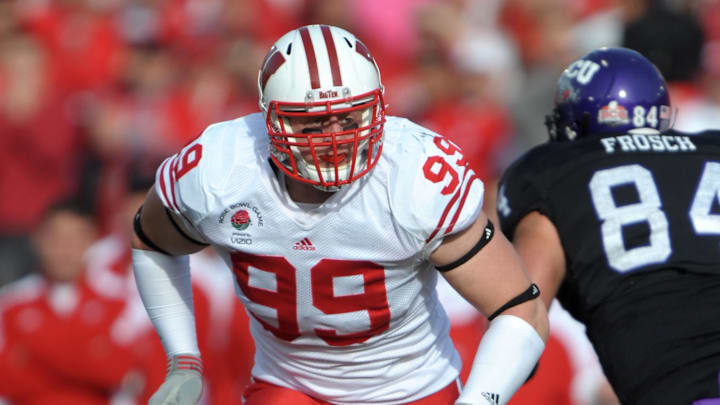 Jan 1, 2011; Pasadena, CA, USA; Wisconsin Badgers lineman J.J. Watt (99) during the 2011 Rose Bowl against the TCU Horned Frogs. 