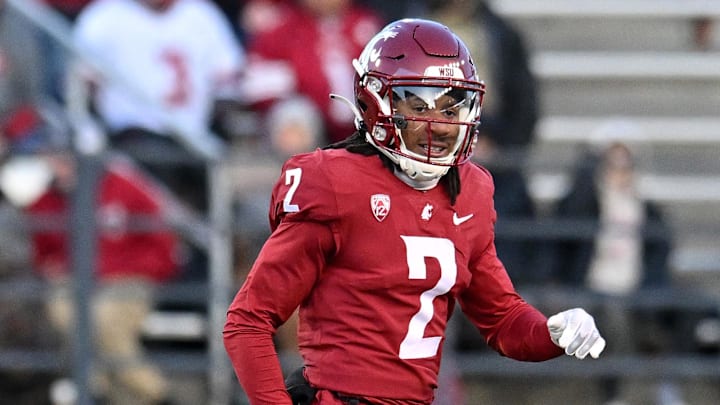 Nov 30, 2024; Pullman, Washington, USA; Washington State Cougars wide receiver Kyle Williams (2) lines up for a play against the Wyoming Cowboys in the first half at Gesa Field at Martin Stadium. Mandatory Credit: James Snook-Imagn Images Nov 30, 2024; Pullman, Washington, USA; Washington State Cougars wide receiver Kyle Williams (2) lines up for a play against the Wyoming Cowboys in the first half at Gesa Field at Martin Stadium. Mandatory Credit: James Snook-Imagn Images