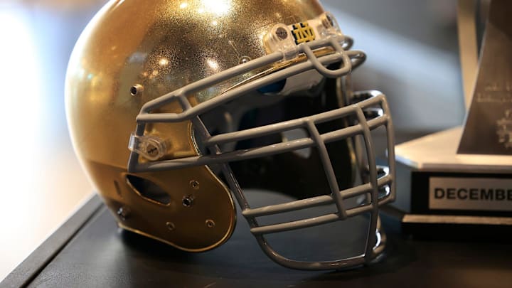 A Notre Dame Fighting Irish football helmet is shown during a media press conference Thursday, Dec.