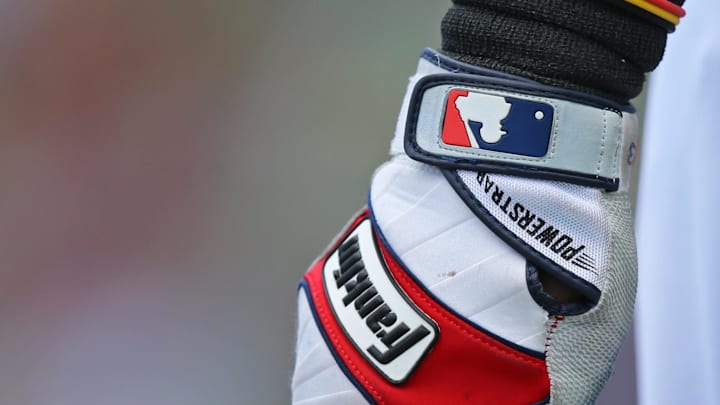Mar 17, 2017; Fort Myers, FL, USA; A view of the MLB logo on the Franklin batting gloves worn by Boston Red Sox first baseman Hanley Ramirez (13) against the Houston Astros at JetBlue Park. The Astros won 6-2. Mandatory Credit: Aaron Doster-Imagn Images