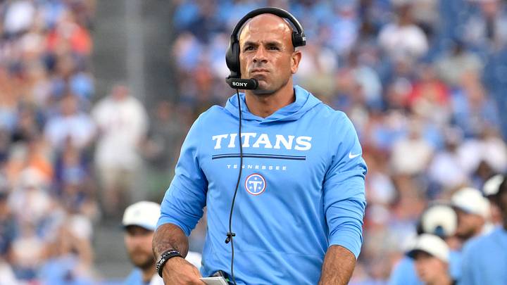 Aug 29, 2026; Nashville, Tennessee, USA;  Tennessee Titans head coach Robert Saleh looks on during the second quarter against the Chicago Bears at Nissan Stadium.  Mandatory Credit: Steve Roberts-Imagn Images