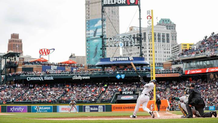 Detroit Tigers first base Spencer Torkelson (20) bats against Oakland Athletics during the first