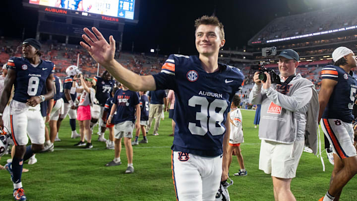 Auburn Tigers kicker Alex McPherson (38) walks off the field after the game as Auburn Tigers take on Ball State Cardinals at Jordan-Hare Stadium in Auburn, Ala. on Saturday, Sept. 6, 2025. Auburn Tigers defeated Ball State Cardinals 42-3.