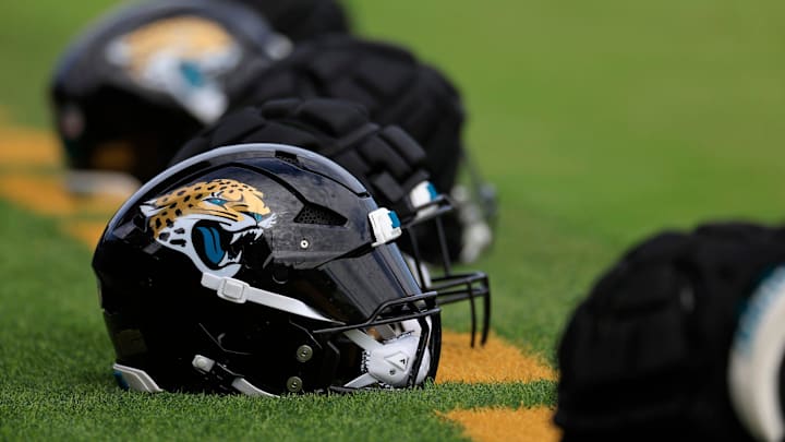 The helmet of Jacksonville Jaguars linebacker Josh Hines-Allen (41) sits at the back of the end zone during the third day of an NFL football training camp practice Friday, July 26, 2024 at EverBank Stadium’s Miller Electric Center in Jacksonville, Fla.