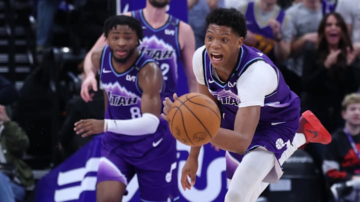 Dec 20, 2025; Salt Lake City, Utah, USA; Utah Jazz guard Ace Bailey (19) chases after a rebound against the Orlando Magic during the second half at Delta Center. Mandatory Credit: Rob Gray-Imagn Images