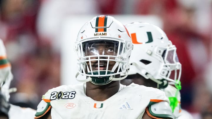 Jan 19, 2026; Miami Gardens, FL, USA; Miami Hurricanes defensive lineman Rueben Bain Jr. (4) against the Indiana Hoosiers during the College Football Playoff National Championship game at Hard Rock Stadium. Mandatory Credit: Mark J. Rebilas-Imagn Images