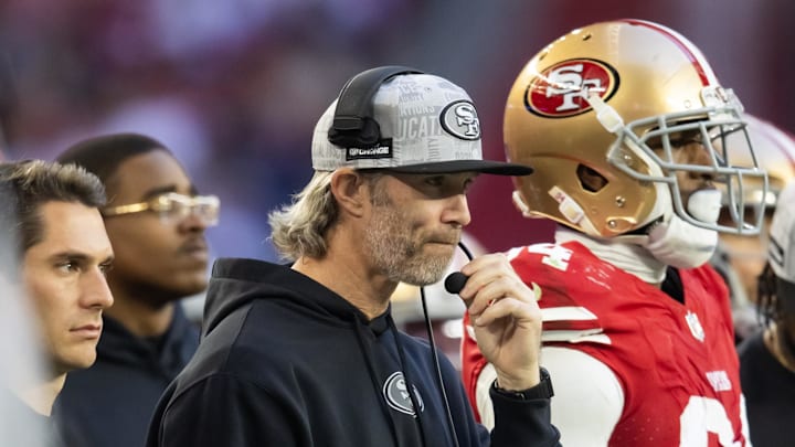 Dec 17, 2023; Glendale, Arizona, USA; San Francisco 49ers defensive passing game specialist coach Nick Sorensen against the Arizona Cardinals at State Farm Stadium. Mandatory Credit: Mark J. Rebilas-USA TODAY Sports