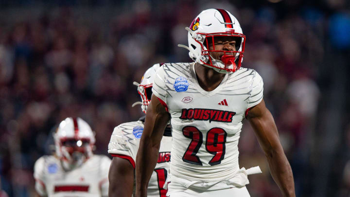 Louisville's Storm Duck (29) celebrated a sack on FSU qarterback Brock Glenn as the Louisville Cardinals faced off against the Florida State Seminoles in the 2023 ACC Championship game at Bank of America Field in Charlotte, NC, on Saturday, Dec. 2, 2023. Louisville's Storm Duck (29) celebrated a sack on FSU qarterback Brock Glenn as the Louisville Cardinals faced off against the Florida State Seminoles in the 2023 ACC Championship game at Bank of America Field in Charlotte, NC, on Saturday, Dec. 2, 2023.