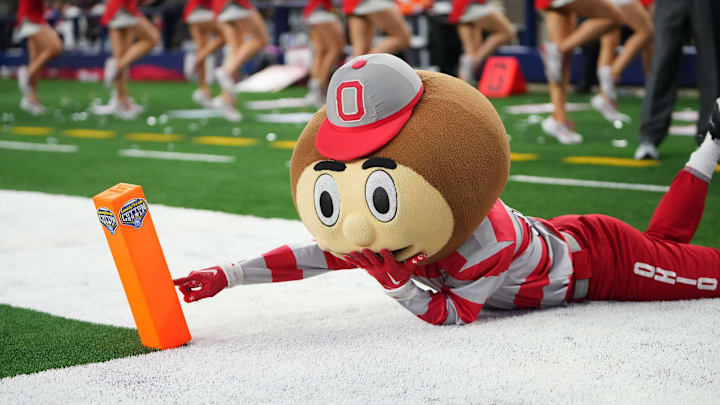 Dec 29, 2023; Arlington, Texas, USA; Ohio State Buckeyes mascot Brutus knocks over a pylon during the third quarter of the Goodyear Cotton Bowl Classic against the Missouri Tigers at AT&T Stadium. Ohio State lost 14-3.
