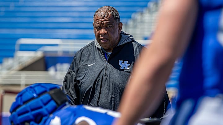 Kentucky associate head coach/tight end coach Vince Marrow worked his squad through drills during the Kentucky Wildcats' Blue White scrimmage at Kroger Field on Saturday afternoon in Lexington, Kentucky. April 13, 2024