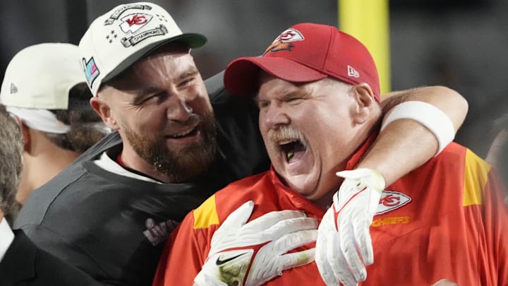 Feb. 12, 2023: Andy Reid and Travis Kelce celebrate the Kansas City Chiefs' win over the Philadelphia Eagles in Super Bowl LVII at State Farm Stadium in Glendale, Arizona. Feb. 12, 2023: Andy Reid and Travis Kelce celebrate the Kansas City Chiefs' win over the Philadelphia Eagles in Super Bowl LVII at State Farm Stadium in Glendale, Arizona.