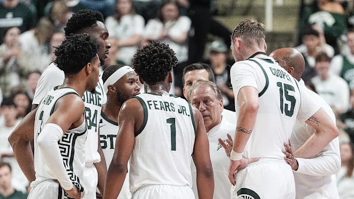 Nov 16, 2024; East Lansing, Michigan, USA; Michigan State Spartans head coach Tom Izzo talks to players at a a timeout against Bowling Green Falcons during the first half at Breslin Center. Mandatory Credit: Junfu Han/USA TODAY Network via Imagn Images